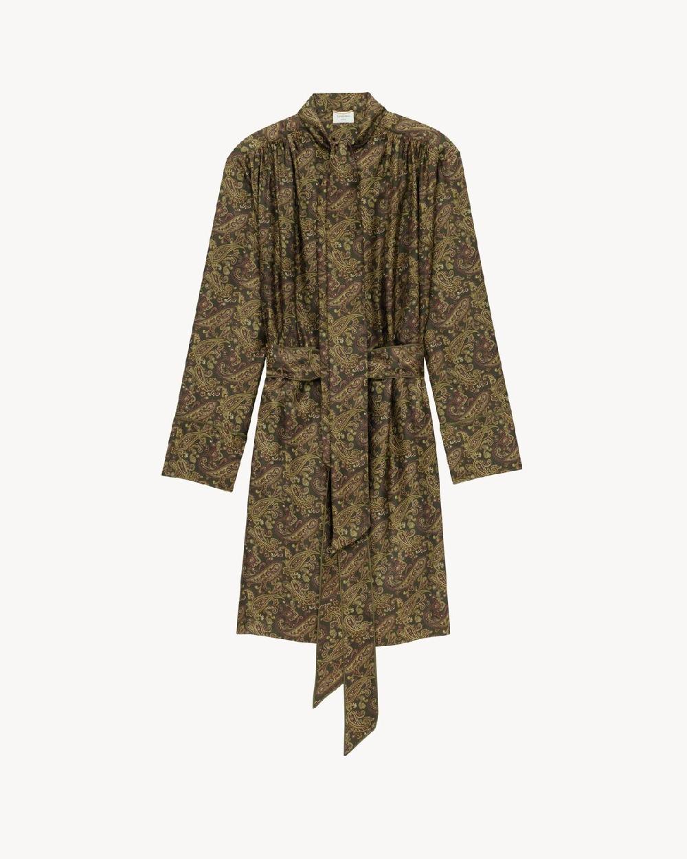 Saint Laurent Vestido Lavallière De Twill De Seda Con Motivo De Cachemira