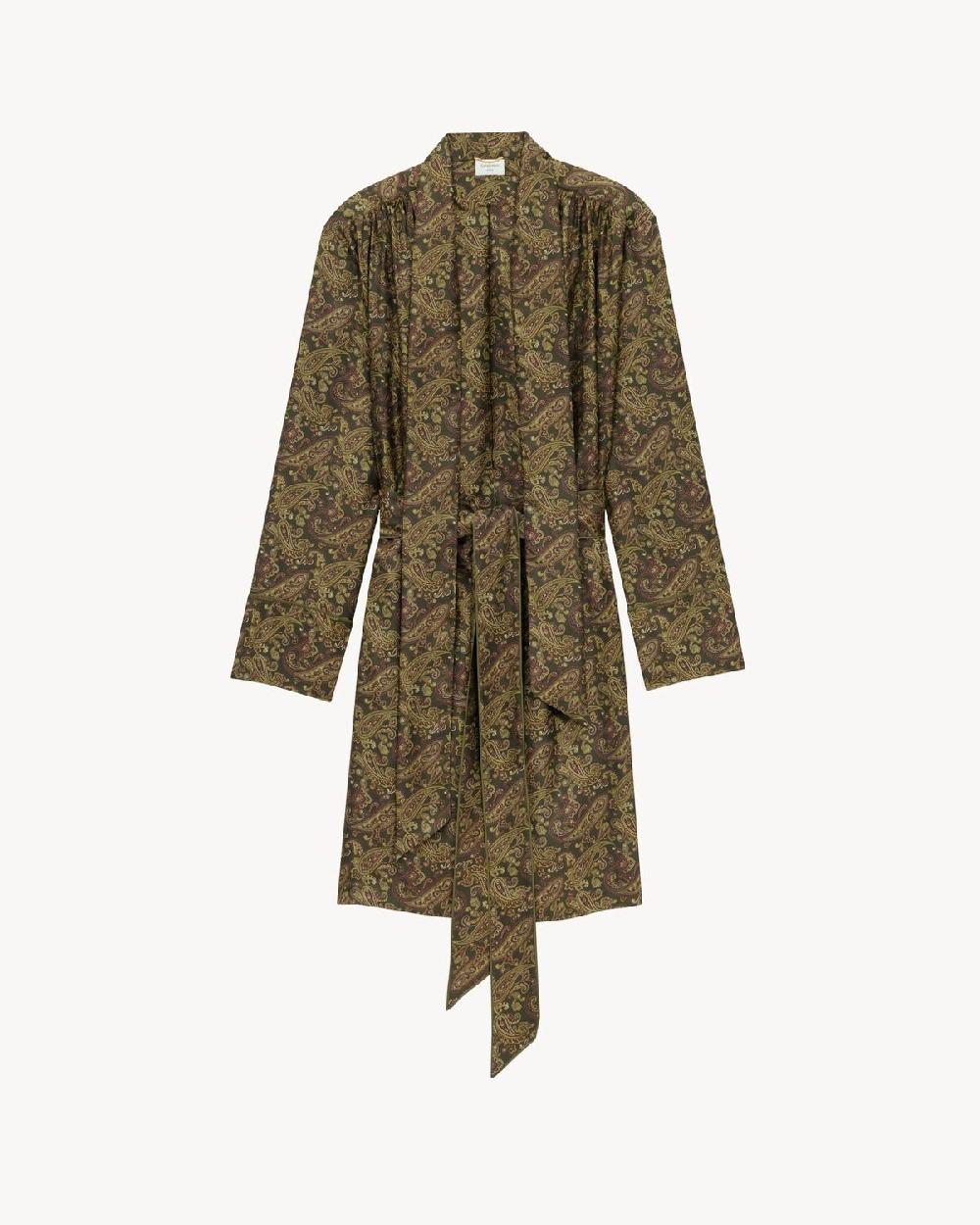 Saint Laurent Vestido Lavallière De Twill De Seda Con Motivo De Cachemira