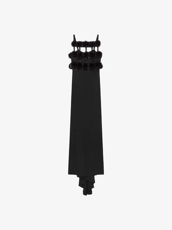 Givenchy Evening Dress In Satin With Pompoms And Crystals