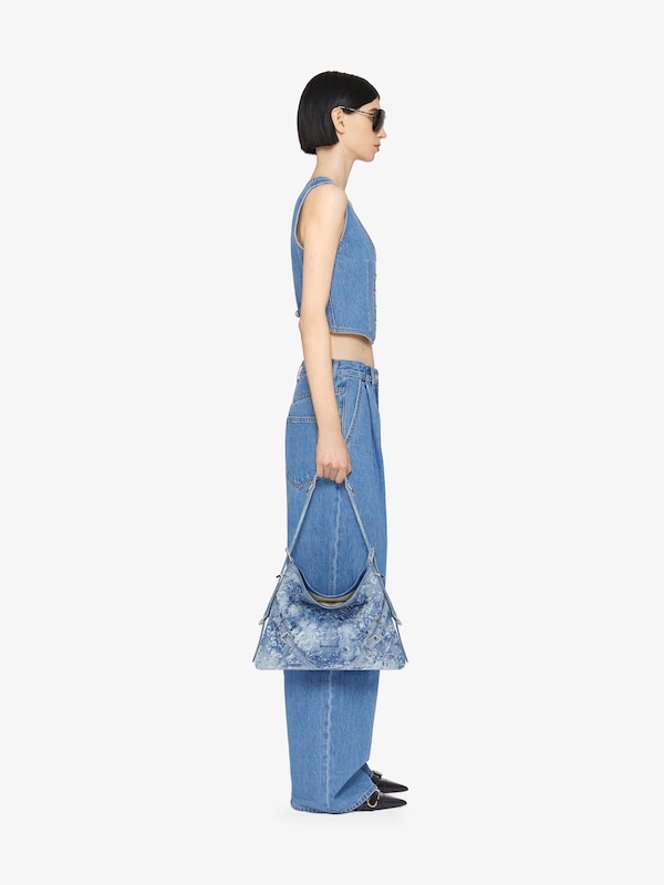 Givenchy Medium Voyou Bag In Washed Embroidered Denim