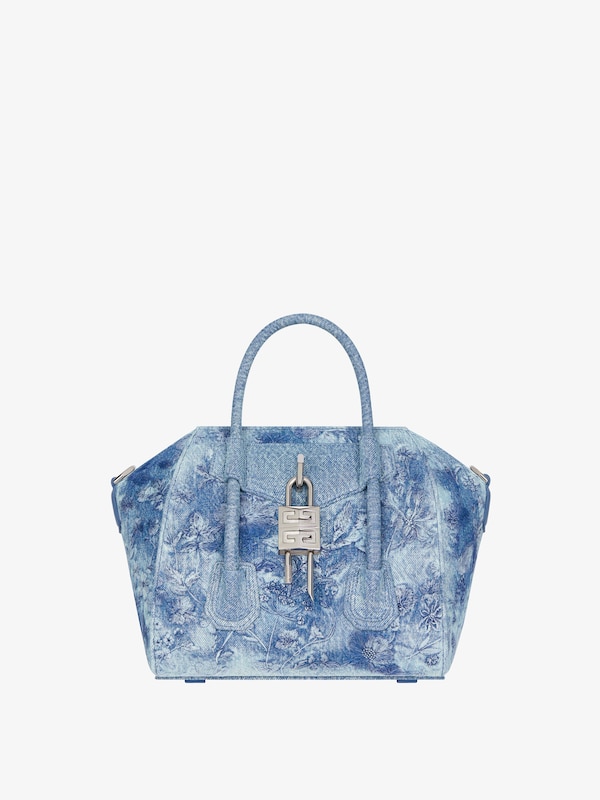 Givenchy Mini Antigona Lock bag in washed embroidered denim