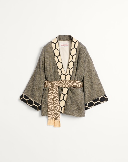 Valentino ABRIGO TIPO BATA DE MEZCLA DE LANA CON RIBETE DE JACQUARD Y CINTURÓN