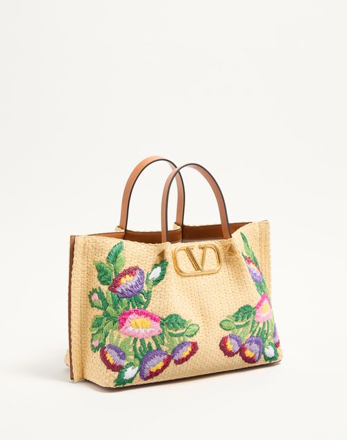 Valentino BOLSO DE COMPRAS MEDIANO DE RAFIA SINTÉTICA CON BORDADO FLORAL