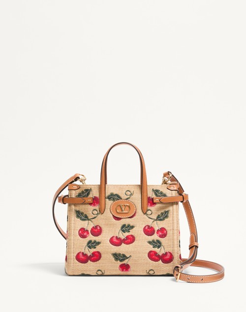 Valentino BOLSO DE COMPRAS PEQUEÑO VALENTINO GARAVANI ANTIBES DE RAFIA JACQUARD SINTÉTICA CON MOTIVO CHERRYFIC