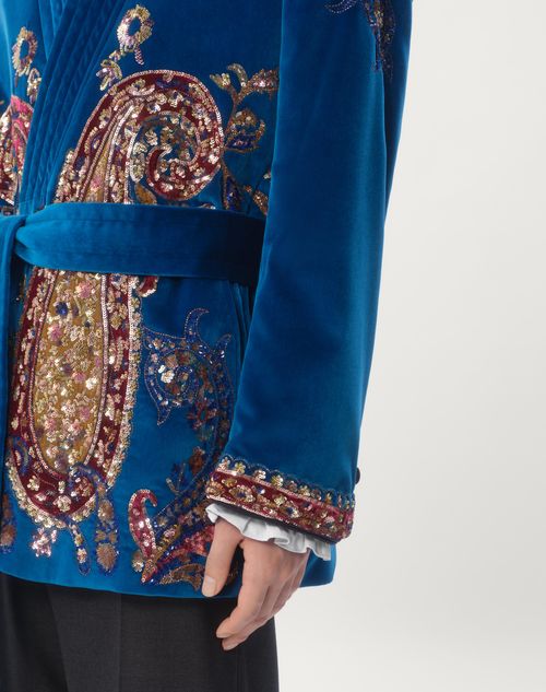 Valentino CHAQUETA DE TERCIOPELO DE ALGODÓN CON CINTURÓN Y BORDADO DE LENTEJUELAS