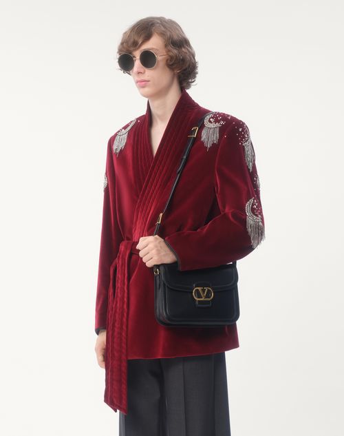 Valentino CHAQUETA DE TERCIOPELO DE ALGODÓN CON CON CINTURÓN Y BORDADO DE ESTRÁS Y CUENTAS