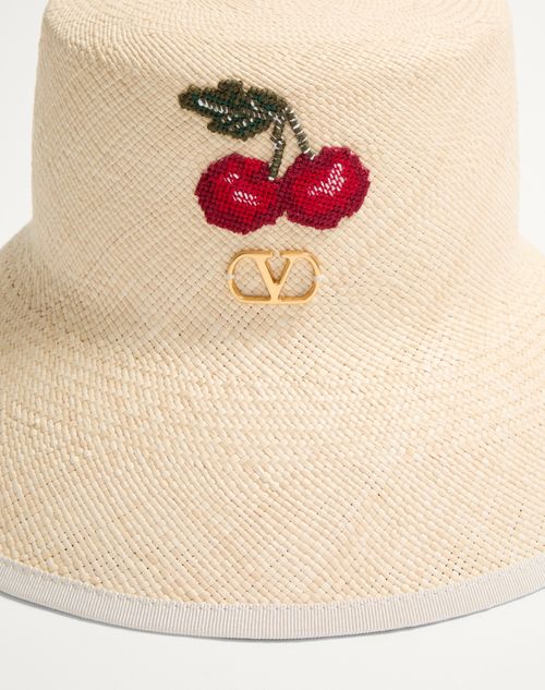 Valentino SOMBRERO DE PESCADOR VLOGO SIGNATURE DE PAJA CON RIBETE DE CUERO Y BORDADO DE CEREZAS