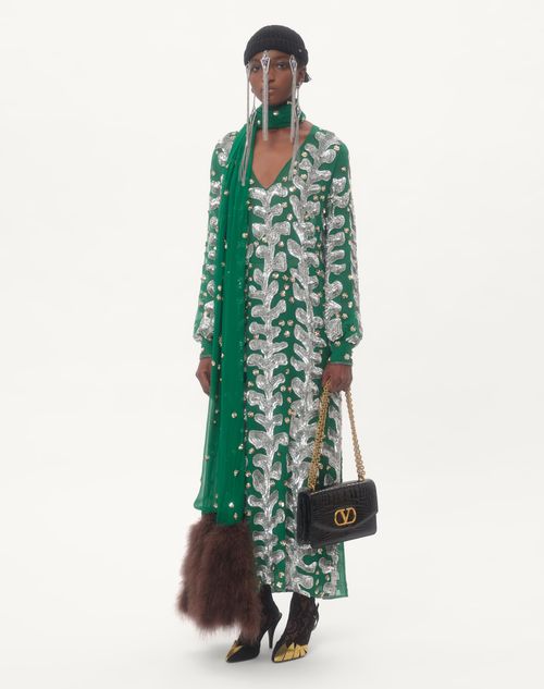 Valentino VESTIDO BORDADO DE ORGANZA CON FLECOS DE PLUMAS