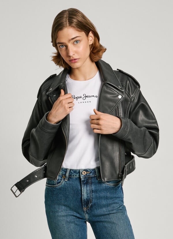 Pepe Jeans cazadora biker con cinturón