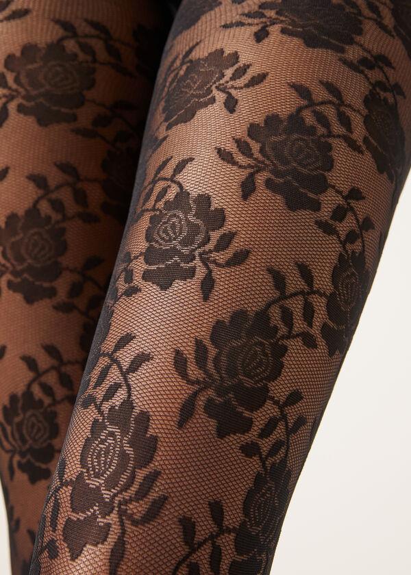 Calzedonia Panty Transparente De Tul Con Rosas