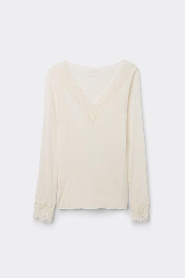 Intimissimi Camiseta Con Encaje De Manga Larga En Modal Y Cashmere Ultraligero