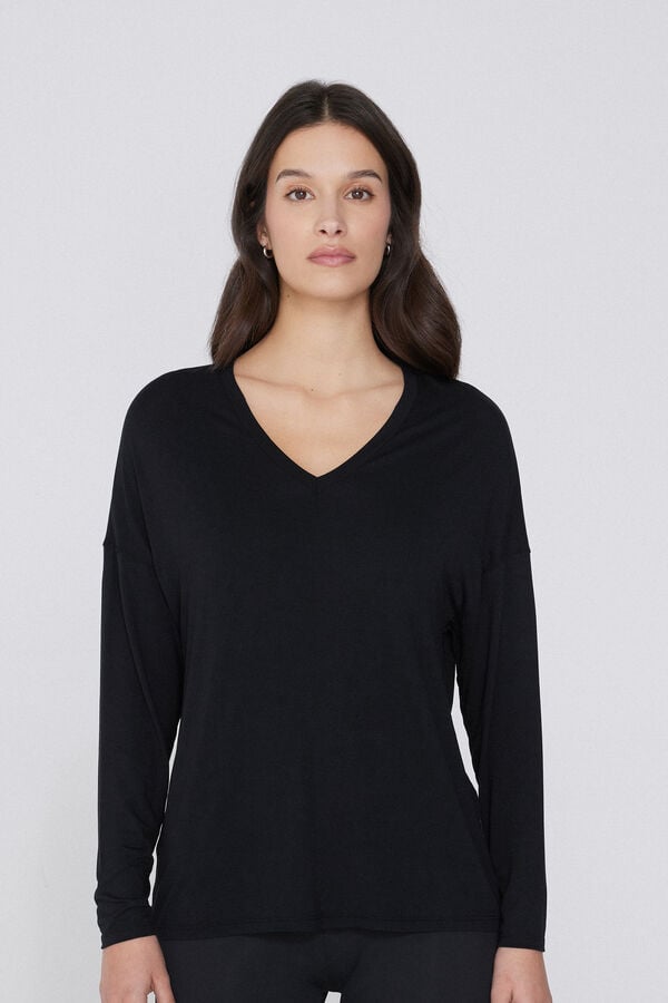 Tezenis Camiseta de Manga Larga con Escote Pico de Viscosa con Corte Oversize