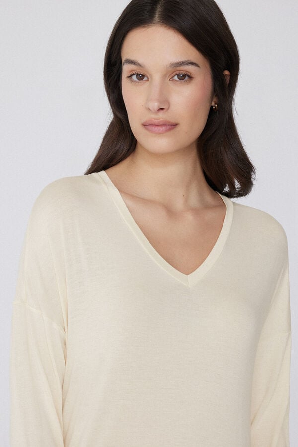 Tezenis Camiseta De Manga Larga Con Escote Pico De Viscosa Con Corte Oversize