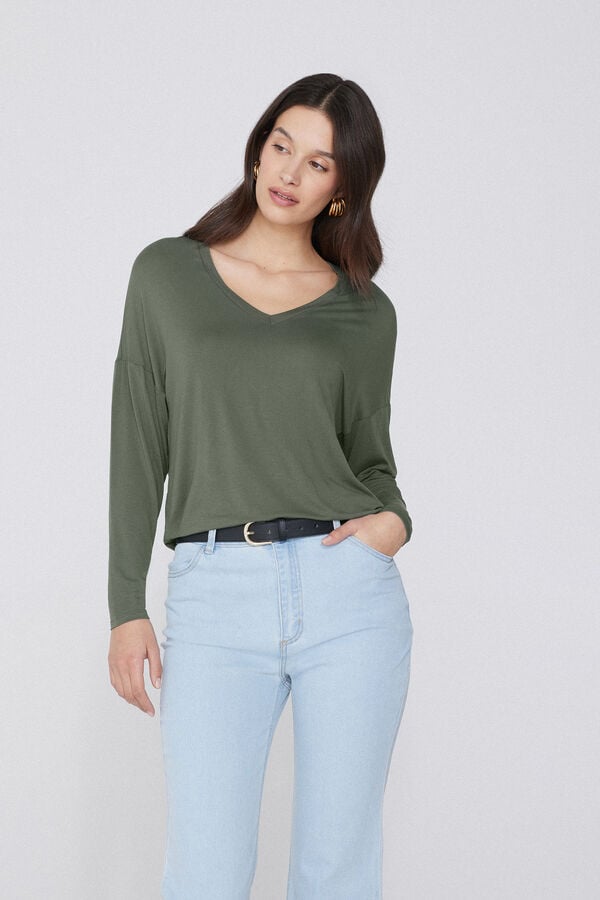 Tezenis Camiseta De Manga Larga Con Escote Pico De Viscosa Con Corte Oversize