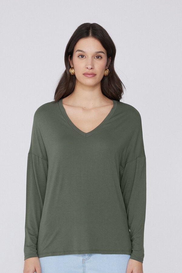 Tezenis Camiseta De Manga Larga Con Escote Pico De Viscosa Con Corte Oversize