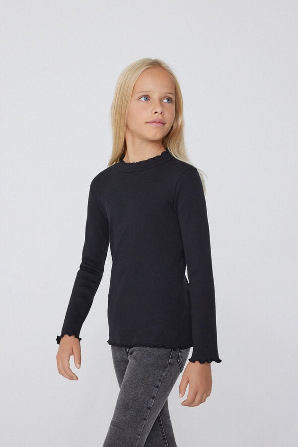 Tezenis Camiseta De Manga Larga De Canalé Y Punto Sobrehilado Festoneado Para Niña