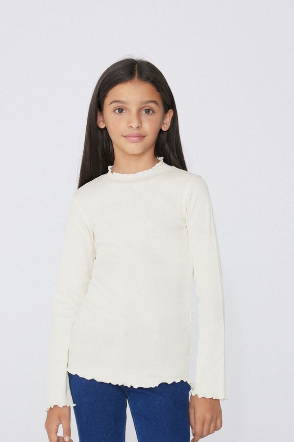 Tezenis Camiseta de Manga Larga de Canalé y Punto Sobrehilado Festoneado para Niña