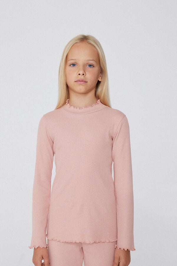 Tezenis Camiseta de Manga Larga de Canalé y Punto Sobrehilado Festoneado para Niña