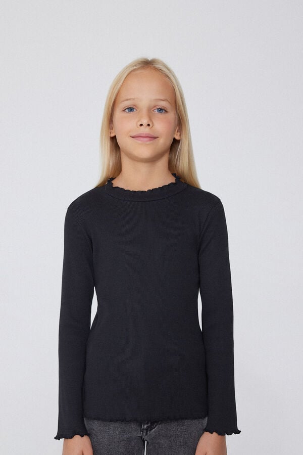 Tezenis Camiseta de Manga Larga de Canalé y Punto Sobrehilado Festoneado para Niña