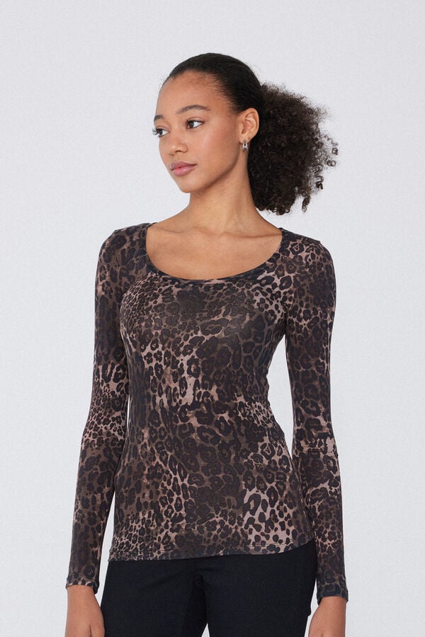 Tezenis Camiseta de Manga Larga Escote Amplio Viscosa Estampada