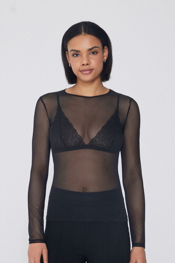 Tezenis Camiseta de Manga Larga y Cuello Redondo de Tul