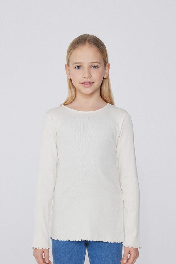 Tezenis Camiseta Manga Larga Cuello Redondo de Canalé y Punto Sobrehilado Niña