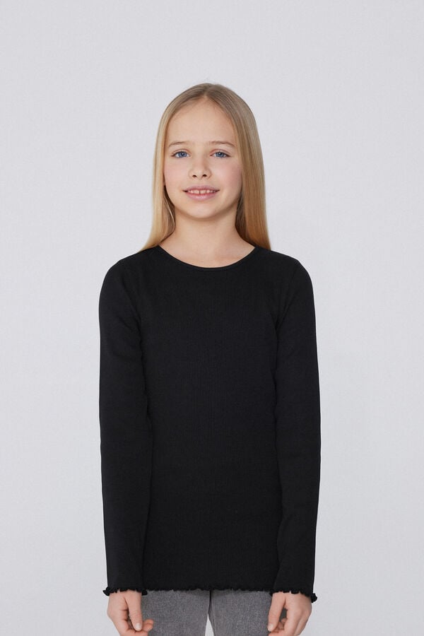 Tezenis Camiseta Manga Larga Cuello Redondo de Canalé y Punto Sobrehilado Niña