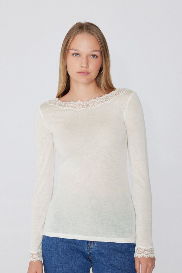 Tezenis Camiseta Manga Larga Escote Barco Encaje/Lana Merina