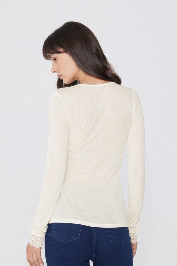 Tezenis Camiseta Manga Larga Escote Pico Encaje/Lana Merina
