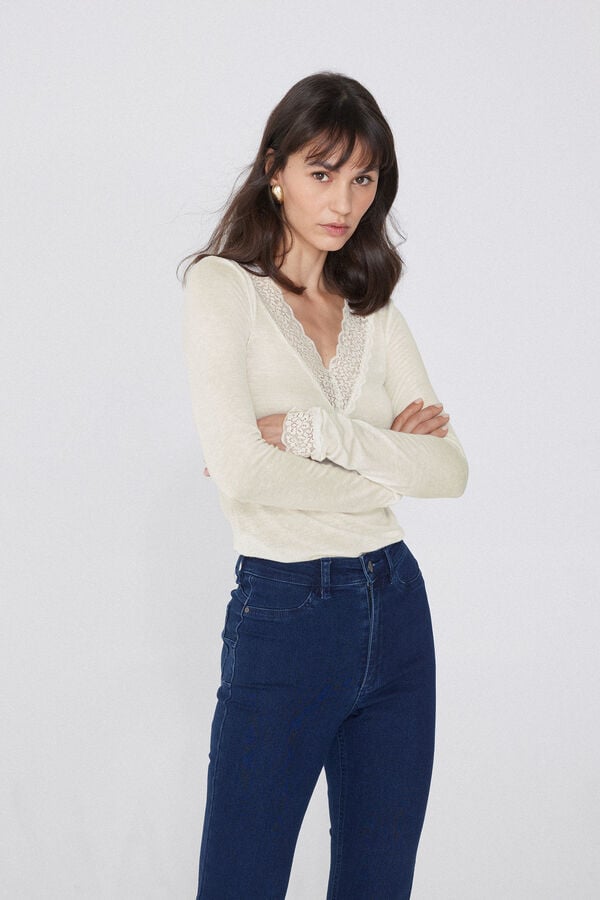 Tezenis Camiseta Manga Larga Escote Pico Encaje/Lana Merina