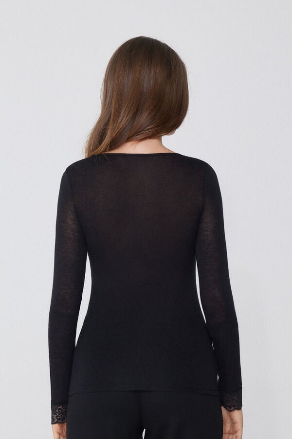 Tezenis Camiseta Manga Larga Escote Pico Encaje/Lana Merina