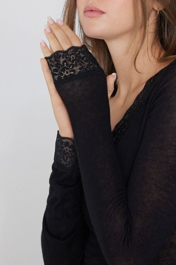 Tezenis Camiseta Manga Larga Escote Pico Encaje/Lana Merina