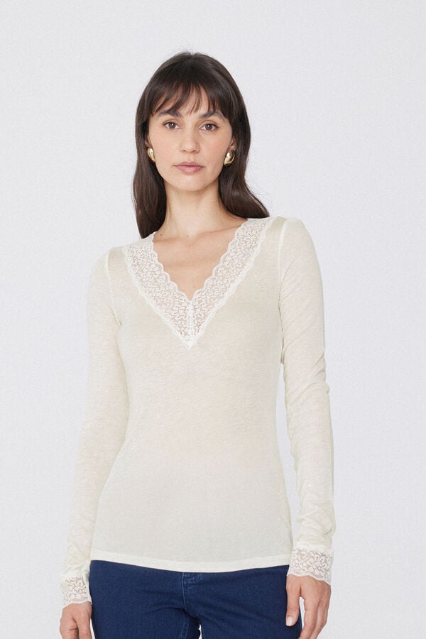 Tezenis Camiseta Manga Larga Escote Pico Encaje/Lana Merina