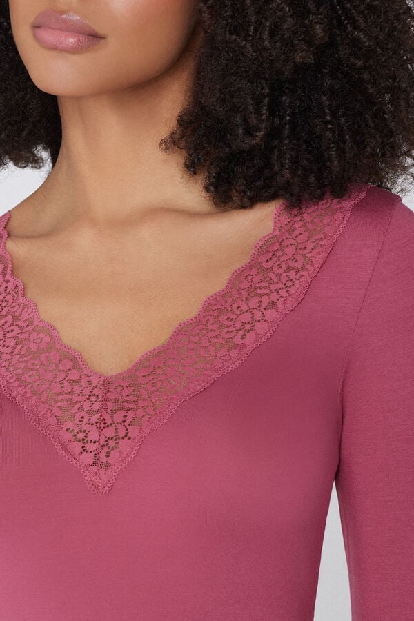 Tezenis Camiseta Manga Larga Escote Pico Viscosa Y Encaje