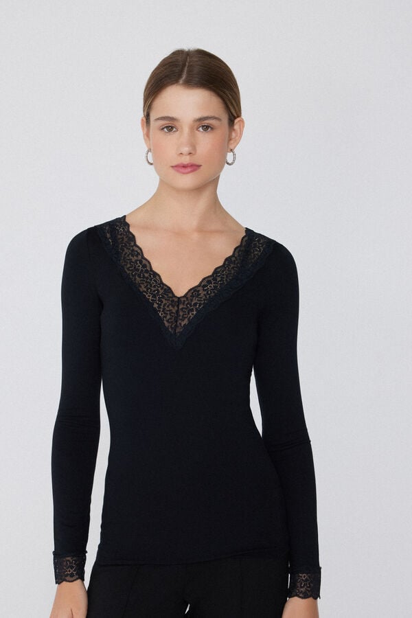 Tezenis Camiseta Manga Larga Escote Pico Viscosa y Encaje