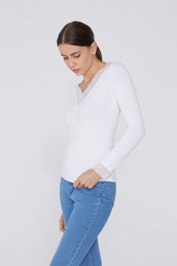 Tezenis Camiseta Manga Larga Escote Pico Viscosa Y Encaje