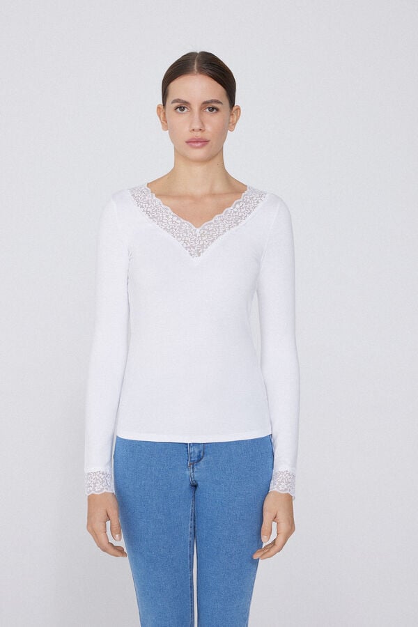 Tezenis Camiseta Manga Larga Escote Pico Viscosa Y Encaje