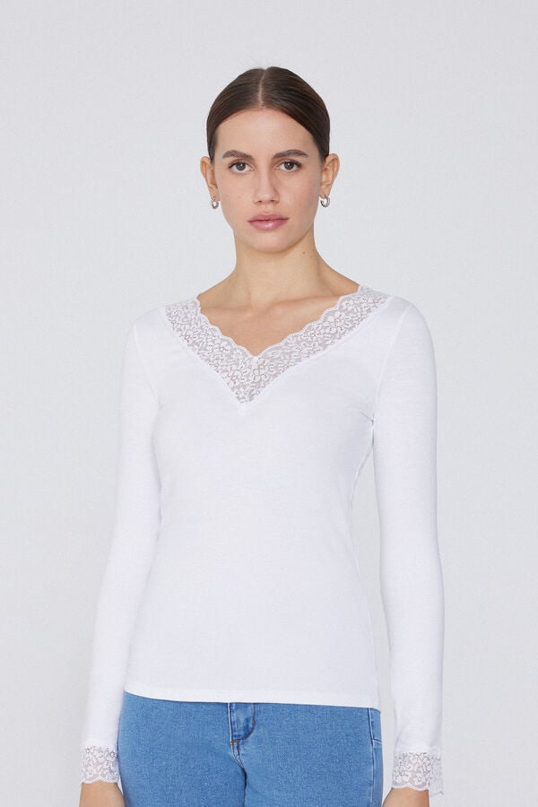 Tezenis Camiseta Manga Larga Escote Pico Viscosa y Encaje