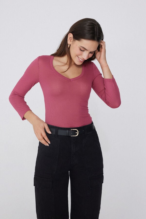 Tezenis Camiseta Manga Tres Cuartos Escote Pico Viscosa Canalé