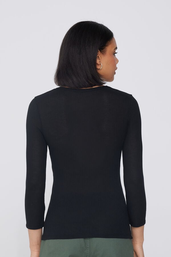 Tezenis Camiseta Manga Tres Cuartos Escote Pico Viscosa Canalé