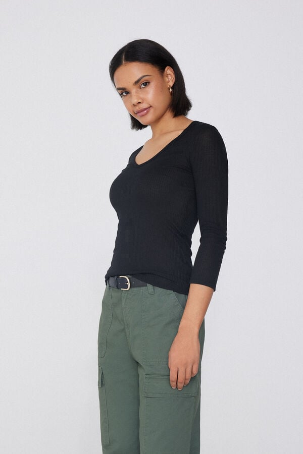 Tezenis Camiseta Manga Tres Cuartos Escote Pico Viscosa Canalé