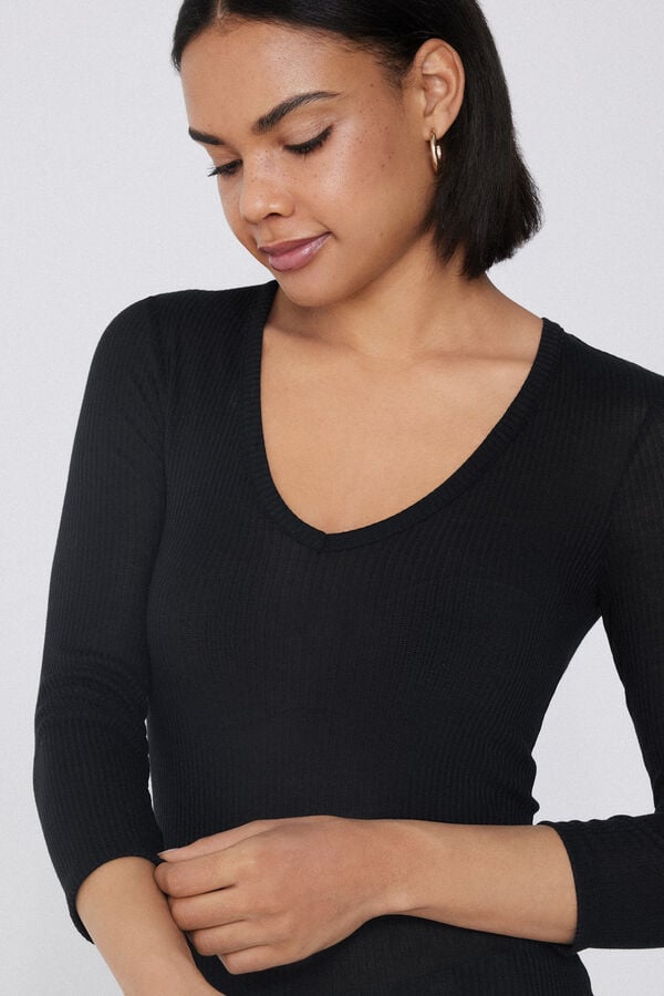 Tezenis Camiseta Manga Tres Cuartos Escote Pico Viscosa Canalé