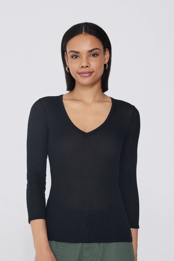 Tezenis Camiseta Manga Tres Cuartos Escote Pico Viscosa Canalé