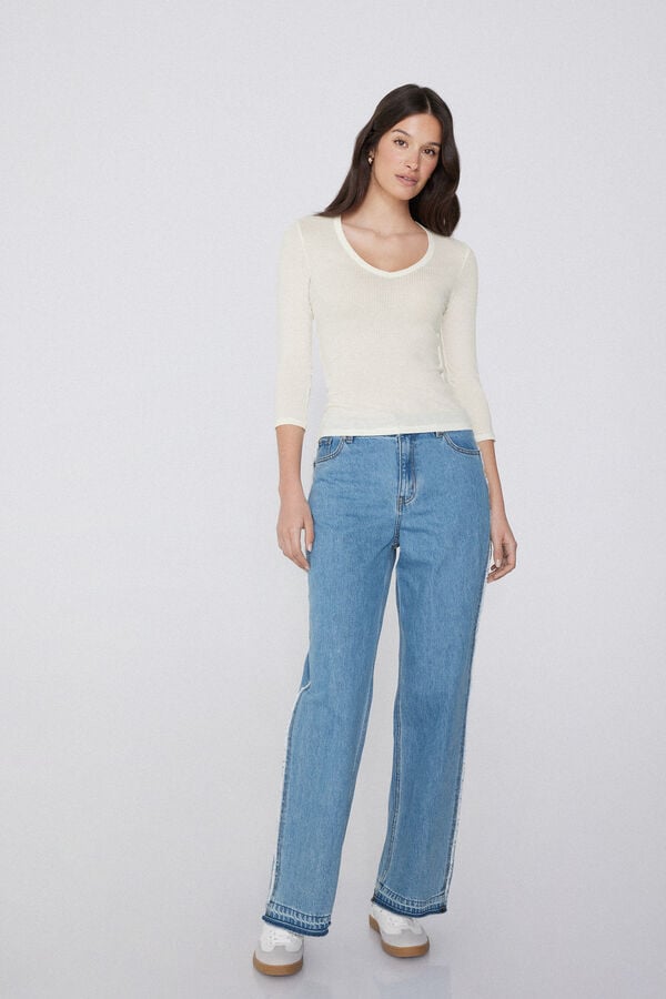 Tezenis Camiseta Manga Tres Cuartos Escote Pico Viscosa Canalé