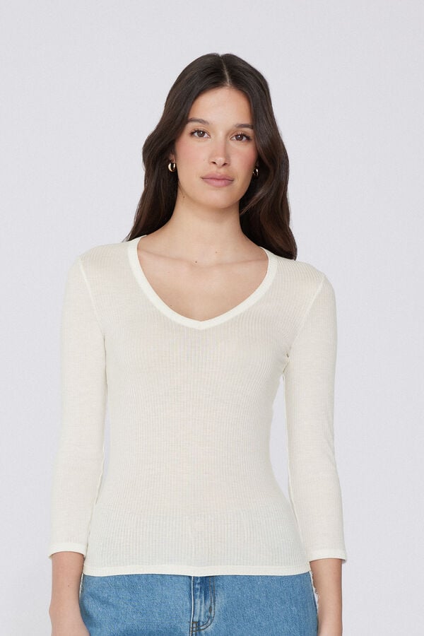 Tezenis Camiseta Manga Tres Cuartos Escote Pico Viscosa Canalé