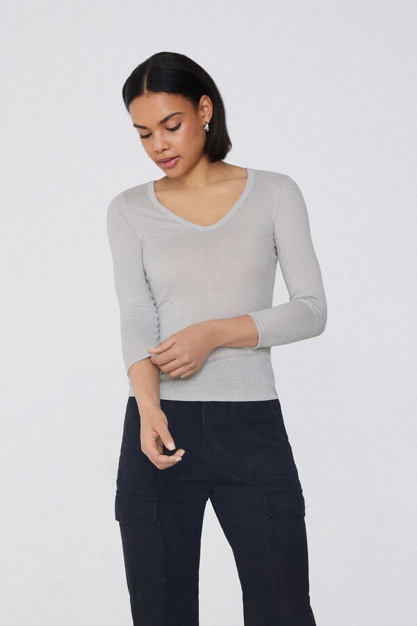 Tezenis Camiseta Manga Tres Cuartos Escote Pico Viscosa Canalé