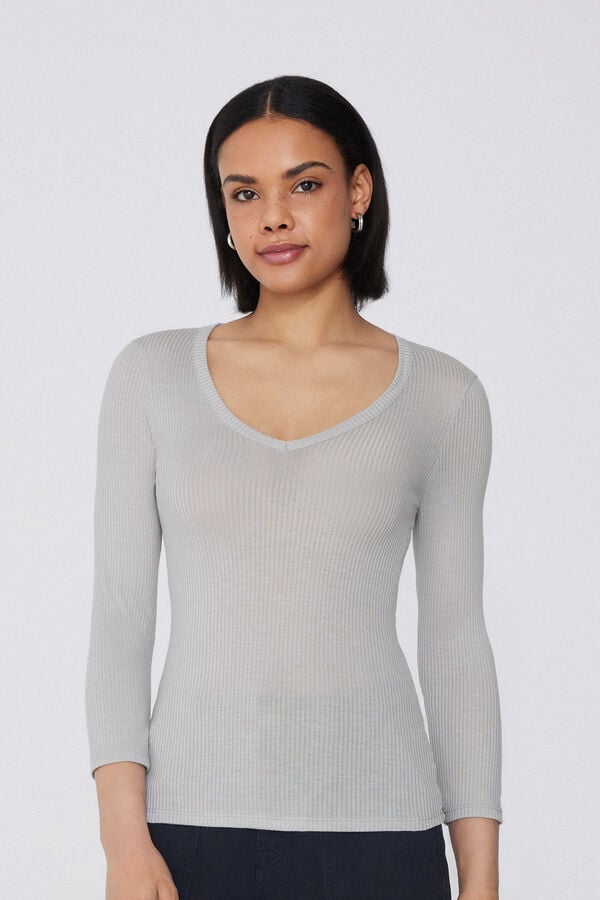 Tezenis Camiseta Manga Tres Cuartos Escote Pico Viscosa Canalé