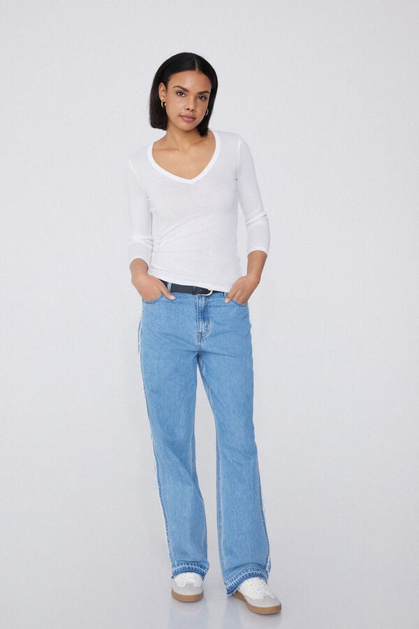 Tezenis Camiseta Manga Tres Cuartos Escote Pico Viscosa Canalé