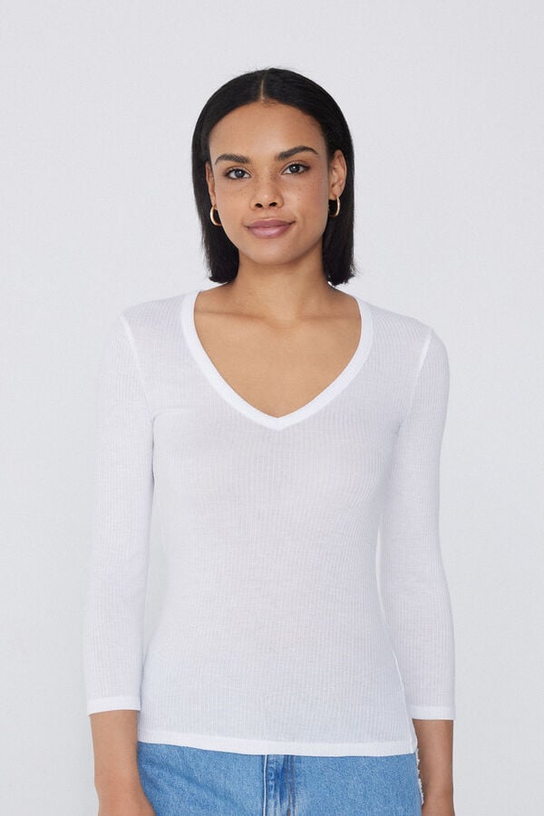 Tezenis Camiseta Manga Tres Cuartos Escote Pico Viscosa Canalé