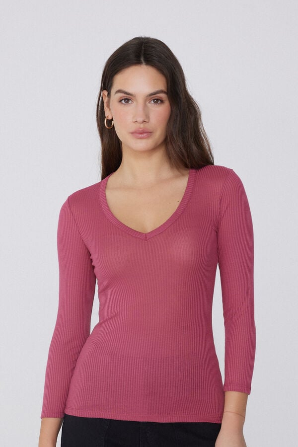 Tezenis Camiseta Manga Tres Cuartos Escote Pico Viscosa Canalé